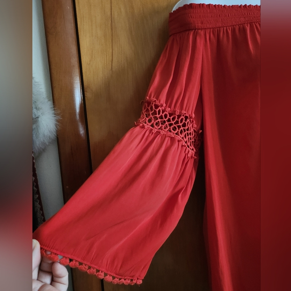 Chico's Crochet Details Off The Shoulder Red Top - Picture 8 of 15